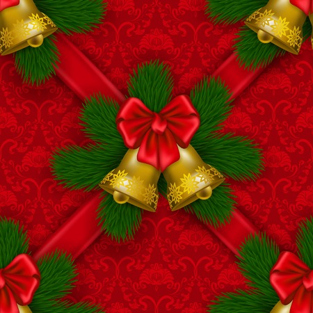 New Year festive seamless background with ornate damask pattern, ribbons, christmas tree, bow, bells. Vector illustration EPS 10.のイラスト素材