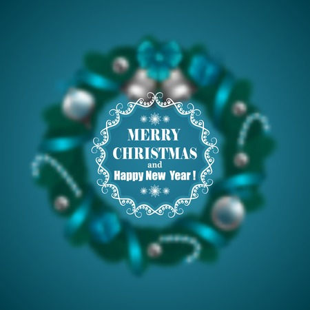 Festive Christmas blurred background with wreath of fir branches, bells, baubles, lollipops and ornate frame. Holiday design for invitations, greeting cards, posters and flyers. Vector illustration EPS 10.のイラスト素材