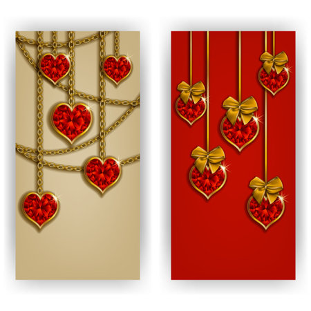 Set of elegant templates for luxury invitation, card with heart, chain, bow, ribbon, diamond. Valentine  day background. Vector illustration EPS 10.のイラスト素材