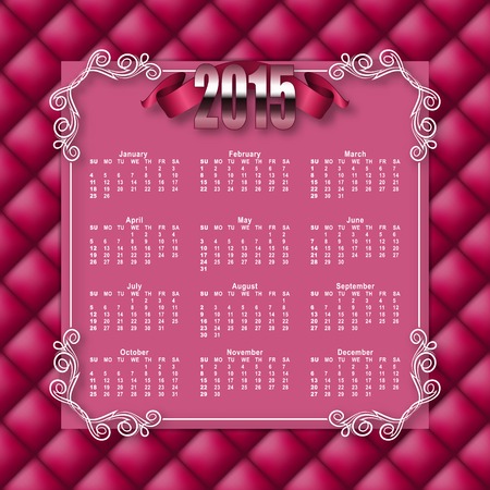 Elegant template for 2015 calendar year with ribbon. Button-tufted texture, filigree ornate vintage border. Floral decorative elements, modern style. Vector illustration EPS 10.のイラスト素材
