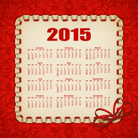 Elegant template for 2015 calendar year with lace ornament, frame, ruffles, ribbons, bow. Filigree decorative elements, vintage, retro style. Ornate floral background. Vector illustration EPS 10.のイラスト素材