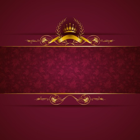 Elegant golden frame banner with gold crown, laurel wreath on ornate red background. Luxury floral background in vintage style. Vector illustration EPS 10.のイラスト素材