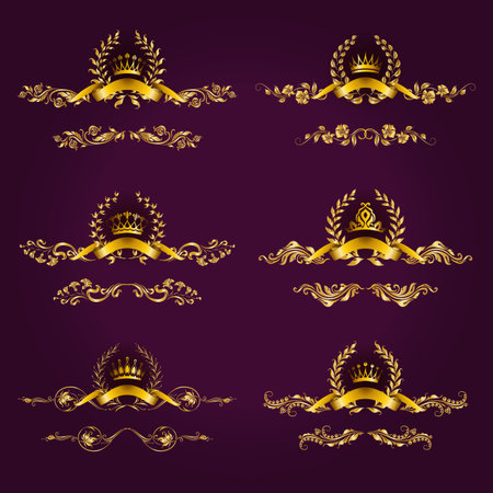 Set of luxury gold borders, frames for design of labels, emblems, medals, stickers with laurel wreath, filigree crown, ribbon, floral elements. Vector illustration.のイラスト素材