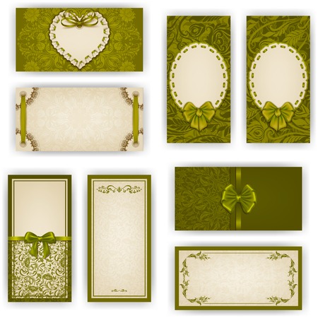 Set of elegant templates for luxury invitation, gift, greeting card with ruffles, lace ornament, ribbon, bow, heart frame, place for text. Floral elements, ornate background. Vector illustration EPS 10のイラスト素材