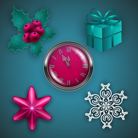 Christmas elements for design - realistic clock, baubles, holly berries, snowflake, gift for greeting card, invitation, congratulation. Vector illustration EPS10.File contain transparency, gradient mesh.のイラスト素材