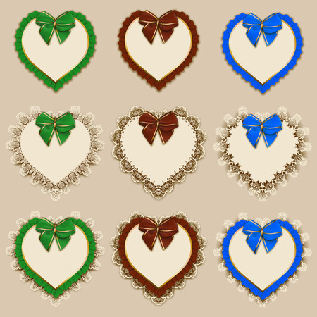 Set of elegant templates of heart frame design for luxury invitation, gift card with lace ornament, ruffles, bow, place for text. Vector illustration EPS10のイラスト素材
