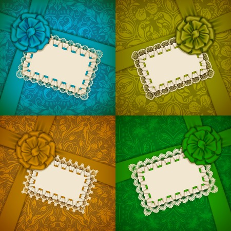 Set of elegant templates for luxury invitation, gift, greeting card with lace ornament, ruffles, ribbon, place for text. Floral elements, ornate background. Vector illustrationのイラスト素材