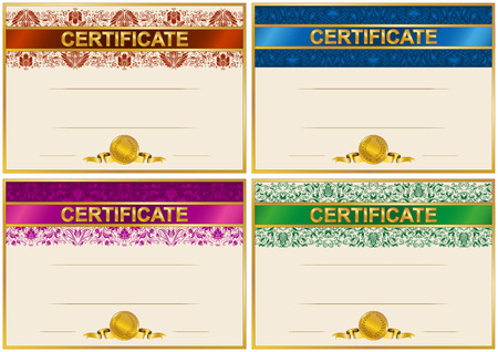 Set of elegant templates of diploma with decoration of lace pattern, ribbon, laurel wreath, place for text. Certificate of achievement, education, awards, winner. Vector illustration のイラスト素材