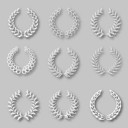 Set of vector white laurel wreaths with shadows on the gray background for page decoration, web design. Floral elements in vintage style. Vector illustration EPS 10.のイラスト素材