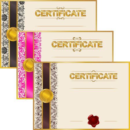 Set of elegant templates of diploma with decoration of lace pattern, ribbon, wax seal, laurel wreath, place for text. Certificate of achievement, education, awards, winner. Vector illustration EPS 8.のイラスト素材
