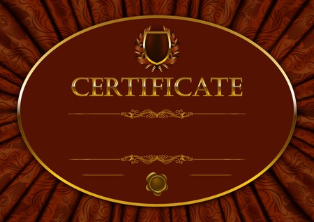 Elegant template of diploma with lace ornament, ribbon, wax seal, drapery fabric, place for text. Certificate of achievement, education, awards, winner. Vector illustration.のイラスト素材