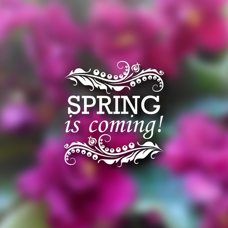Spring is coming. Typographic design with text, filigree floral frame, shadow on blurred background for greeting card, poster. Vector illustration EPS 10.のイラスト素材