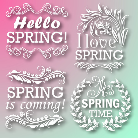 Hello Spring, Spring is coming, I love Spring, Its Spring time. Typographic design with text, filigree floral frame, shadow for greeting card, poster. Vector illustration EPS 10.のイラスト素材