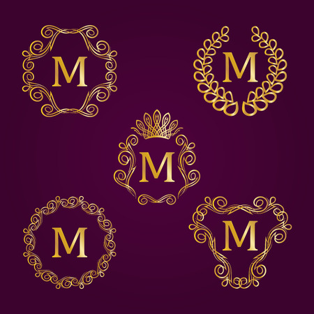 Set of golden monogram for graphic design on purple background. Elegant graceful frame, filigree border, crown in vintage style for wedding invitations, card, logo.のイラスト素材