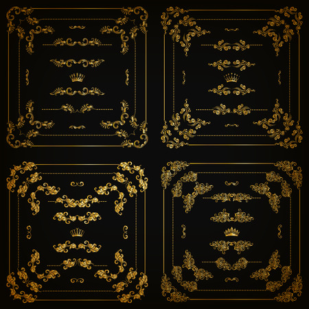 Vector set of gold decorative horizontal floral elements, corners, borders, frame, dividers, crown on black background. Page, web site decoration. Vector illustartion EPS 10.のイラスト素材