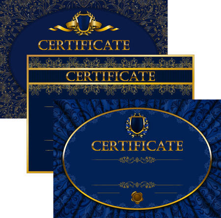 Set of elegant templates of diploma with lace ornament, ribbon, wax seal, drapery fabric, place for text. Certificate of achievement, education, awards, winner. Vector illustration EPS 10.のイラスト素材
