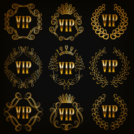 Set of gold vip monograms for graphic design on black background. Elegant graceful frame filigree border crown in vintage style for wedding invitations card icon. Vector illustration のイラスト素材