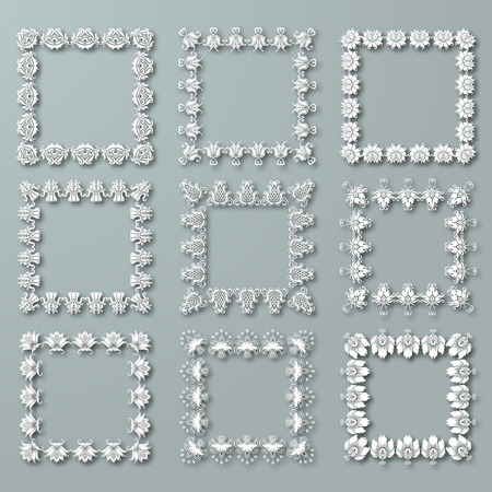Set of white vector floral frames with shadows on the gray background. for design of invitation, greeting, gift card. Page decoration in vintage style. Vector illustration EPS10.のイラスト素材