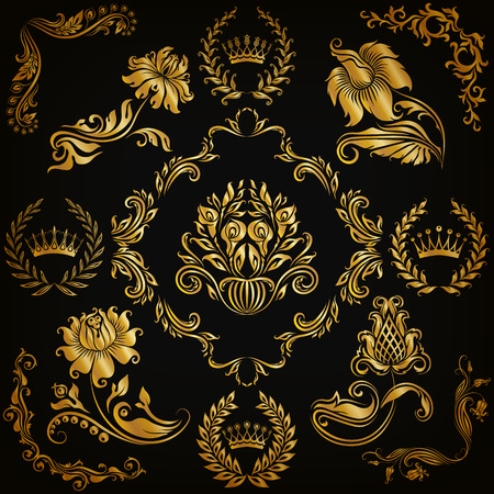 Set of gold damask ornaments. Floral element, ornate border, corner, crown, frame, laurel wreath for design. Page, web royal decoration on black background in vintage style. Vector illustration EPS 10のイラスト素材