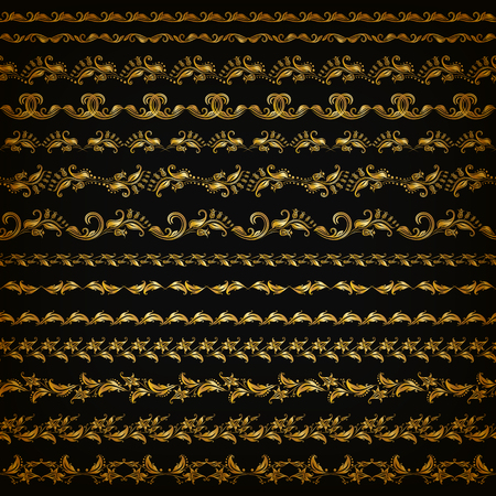 Set of horizontal golden lace pattern, decorative elements, borders for design. Seamless hand-drawn floral ornament on black background. Page, web site decoration. Vector illustration EPS 10.のイラスト素材