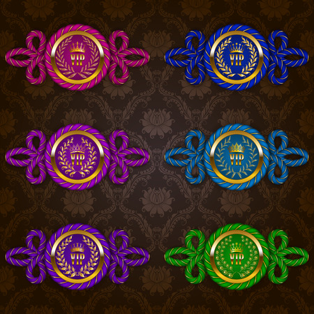 Set of ornate luxury vintage frames, badges with rope decor, crowns, laurel wreaths, ribbons for design of invitations, greeting, vip, gift cards, labels, emblems, stickers. Vector illustration EPS 10のイラスト素材