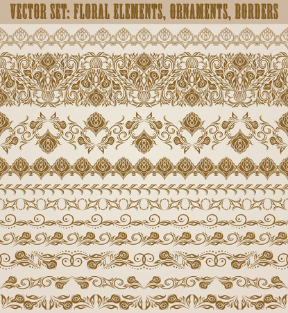 Set of lace borders for page design of invitation, greeting, wedding, gift card, certificate, diploma, voucher. Seamless damask ornament. Page decoration in vintage style. Vector illustration.のイラスト素材