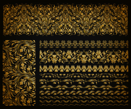 Set of horizontal golden lace pattern, decorative elements, borders for design. Seamless hand-drawn floral ornament on black background. Page, web site decoration. Vector illustration EPS 10.のイラスト素材