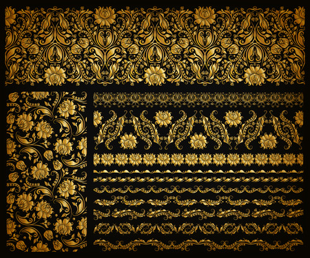 Set of horizontal golden lace pattern, decorative elements, borders for design. Seamless hand-drawn floral ornament on black background. Page, web site decoration. Vector illustration EPS 10.のイラスト素材
