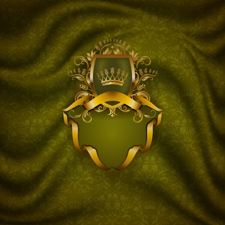 Elegant golden frame with floral elements, filigree ornament, gold crown, shield, ribbons, place for text on green drapery fabric. Luxury ornate background in vintage style.のイラスト素材