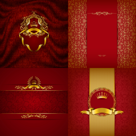 Set of luxury ornate backgrounds in vintage style. Elegant frame with floral elements, filigree ornament, gold crown, shield, ribbons, place for text on red drapery fabric.のイラスト素材