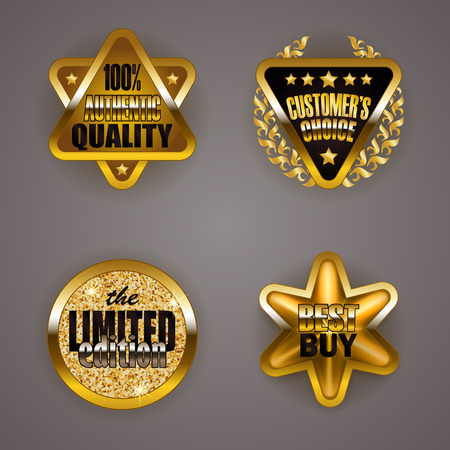 Set of luxury gold badges with laurel wreath, star. Customer s choice, limited edition, 100 percent authentic quality, best buy. Promotion emblems, icons, blazons for web, page design.のイラスト素材