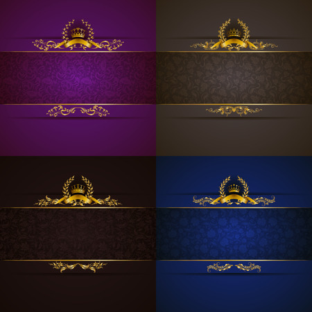 Set of elegant templates with golden frame banner, gold crown, laurel wreath on ornate floral background. Luxury floral invitation, greeting, gift card in vintage style.のイラスト素材