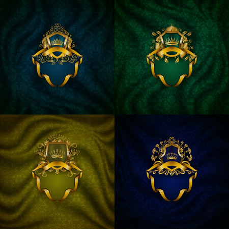 Elegant golden frame with floral elements, filigree ornament, gold crown, shield, ribbons, place for text on red drapery fabric. Luxury ornate background in vintage style.のイラスト素材