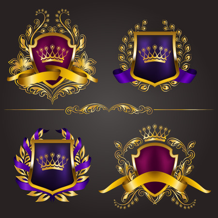 Set of golden royal shields for graphic design on background.のイラスト素材