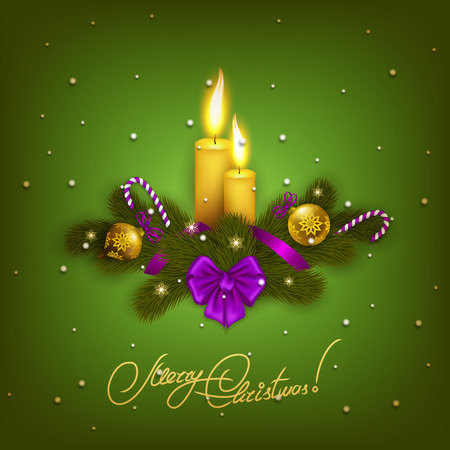 New Year s background - a garland of fir branches, candles, bow, ribbons, stars, baubles, lollipops for design greeting card, invitation. Christmas festive background. Illustration EPS10.のイラスト素材