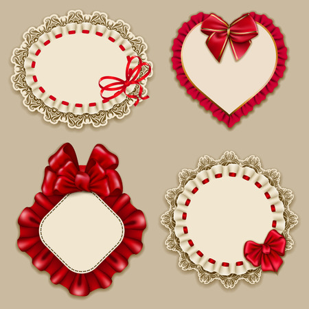 Set of elegant templates ornate frames for design luxury invitation, gift, greeting card, postcard with lace ornament, ruffles, red bows, ribbons, place for text. Vector illustration EPS10のイラスト素材