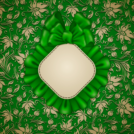 Elegant template for luxury invitation, gift card with lace ornament, ruffles, ribbon, bow, place for text. Floral elements, ornate vintage background.のイラスト素材