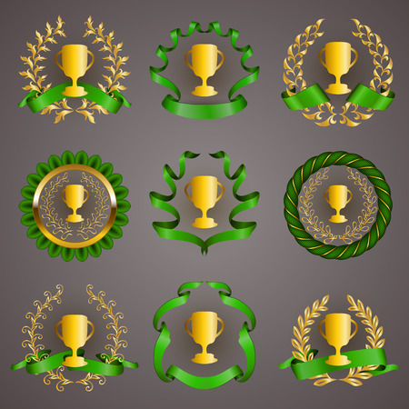 Set of luxury golden champion cups, medals, emblems with gold laurel wreaths, green ribbons for page, web design. Filigree elements, icons, signs in vintage style.のイラスト素材