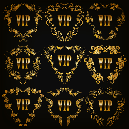 Set of gold linear vip monograms for graphic design on black background. Elegant graceful frame, filigree border in vintage style for wedding invitations, card, logo, icon. Vector illustration EPS 10.の写真素材