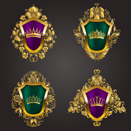 Set of golden royal shields with floral elements, ribbons, laurel wreaths for old frame border, crown, divider in vintage style for label, emblem, badge, logo. Illustration EPS10のイラスト素材