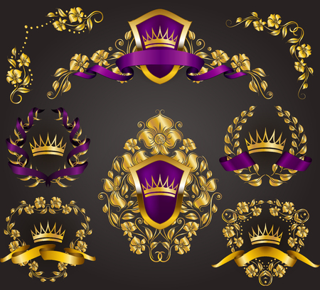 Set of golden royal shields with floral elements, ribbons, laurel wreaths for old frame border, crown, divider in vintage style for label, emblem, badge, logo. Illustration EPS10のイラスト素材