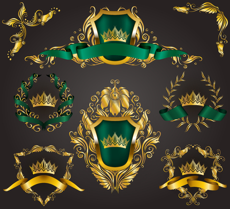 Set of golden royal shields with floral elements, ribbons, laurel wreaths for old frame border, crown, divider in vintage style for label, emblem, badge, logo. Illustration EPS10のイラスト素材