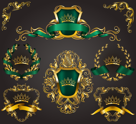 Set of golden royal shields with floral elements, ribbons, laurel wreaths for old frame border, crown, divider in vintage style for label, emblem, badge, logo. Illustration EPS10のイラスト素材
