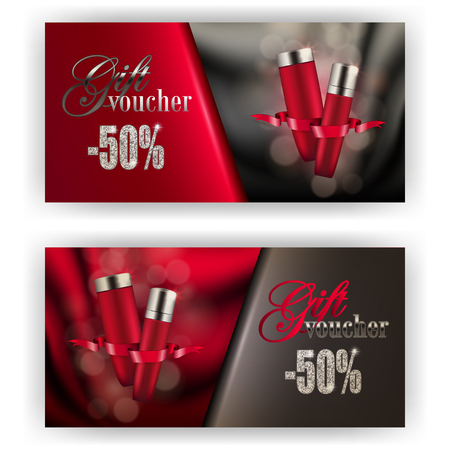 Set of gift vouchers with loose powder, bb, cc cream for annual, festival sale. Luxury premium products 3d realistic template vector mockup designのイラスト素材