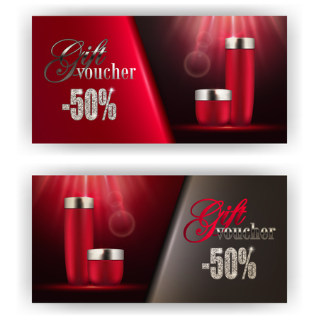 Set of gift vouchers with loose powder, bb, cc cream for annual, festival sale. Luxury premium products 3d realistic template vector mockup designのイラスト素材