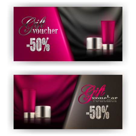 Set of gift vouchers with loose powder, bb, cc cream for annual, festival sale. Luxury premium products 3d realistic template vector mockup designのイラスト素材