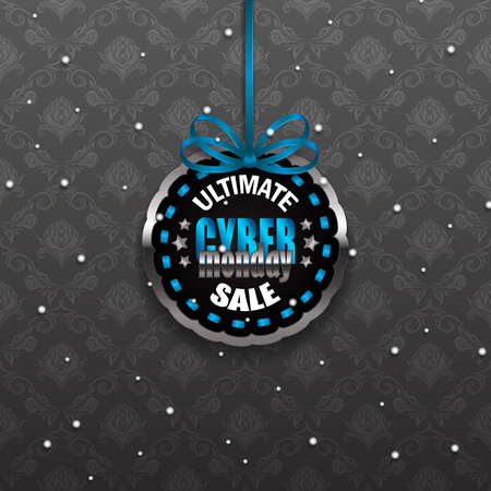 Cyber monday 2016 label with ribbons, bow on gray background with snow for design, promotion, poster, flyer, web, card, invitation. Holiday sticker, badge with ultimate, super sale. Illustration EPS 10のイラスト素材