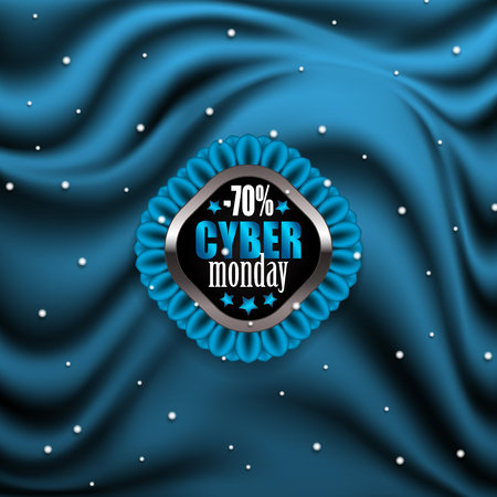 Cyber monday label with ribbon on blue drapery background for design, marketing, promotion, poster, flyer, web, card, invitation. Holiday sticker, badge with discount, super sale. Illustration EPS 10のイラスト素材