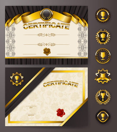 Set of elegant templates of diploma with lace ornament, ribbon, wax seal, drapery fabric, badges, place for text. Certificate of achievement, education, awards, winner. Vector illustration EPS 10.のイラスト素材