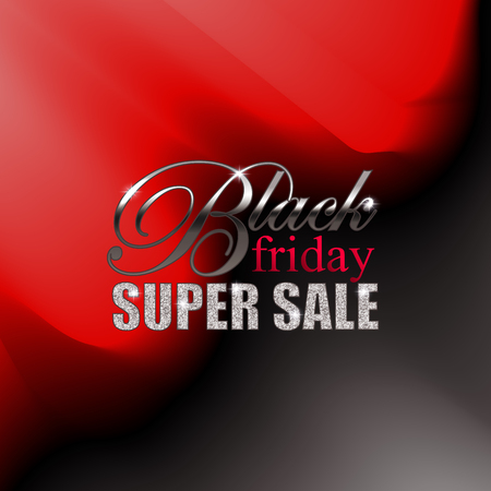 Black friday big super sale - inscription, letters on black, red abstract wave background for design, marketing, promotion, poster, flyer, web site, ads, card, invitation. Vector illustration EPS 10のイラスト素材